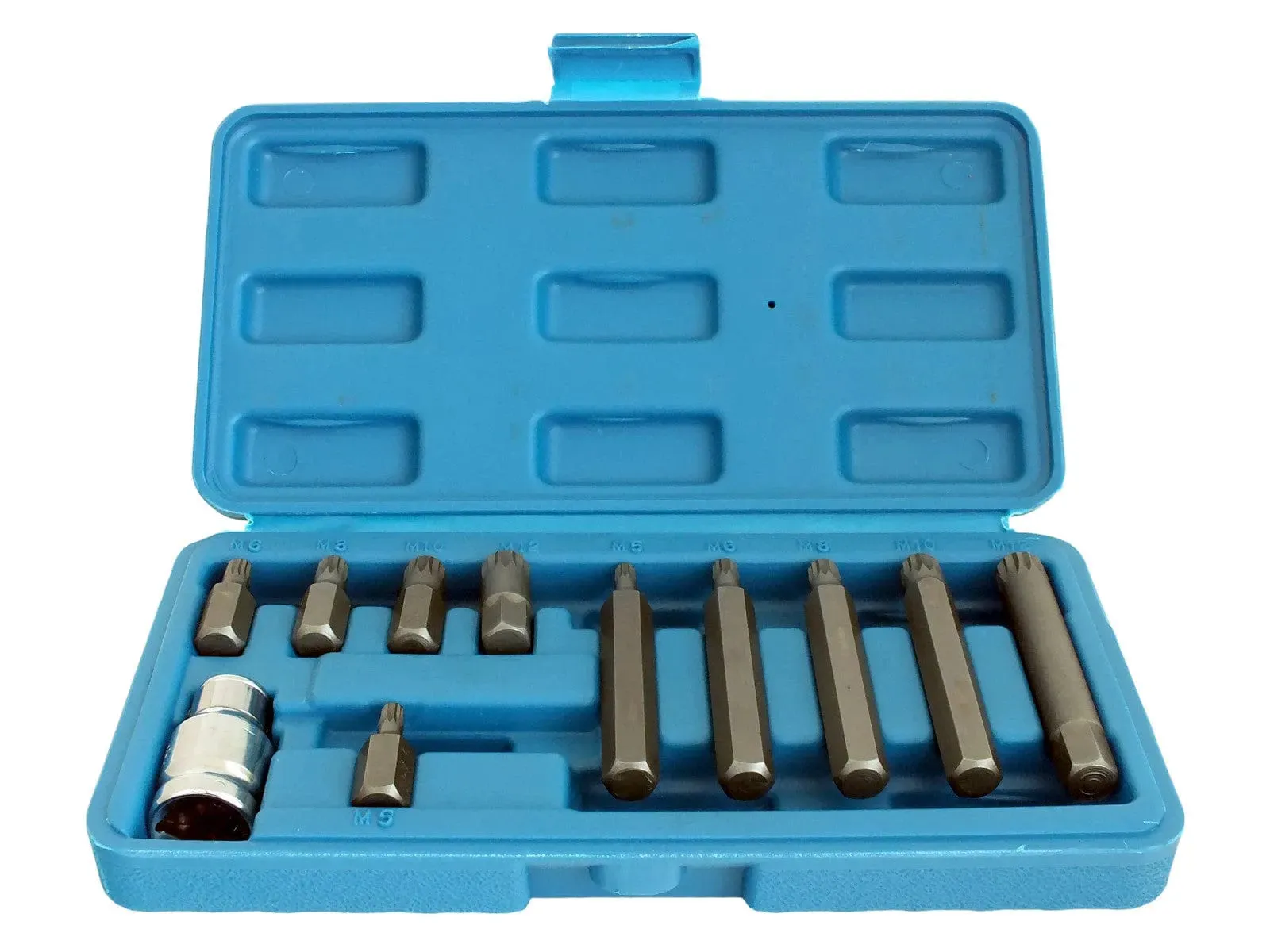 11 Piece Spline Hex Bit Socket Set M5 M6 M8 M10 M12 with 1/2" Drive Adaptor and Case