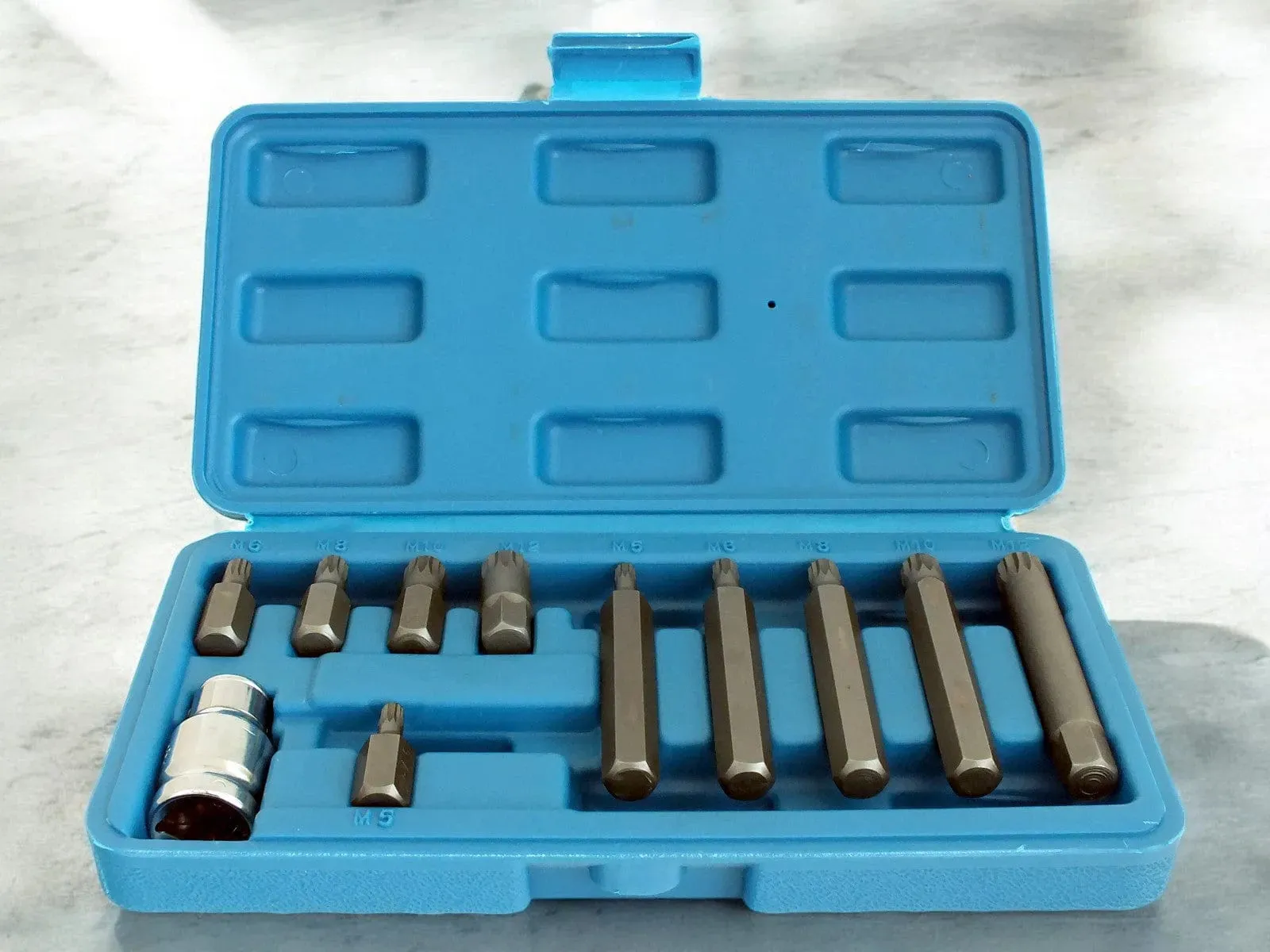 11 Piece Spline Hex Bit Socket Set M5 M6 M8 M10 M12 with 1/2" Drive Adaptor and Case