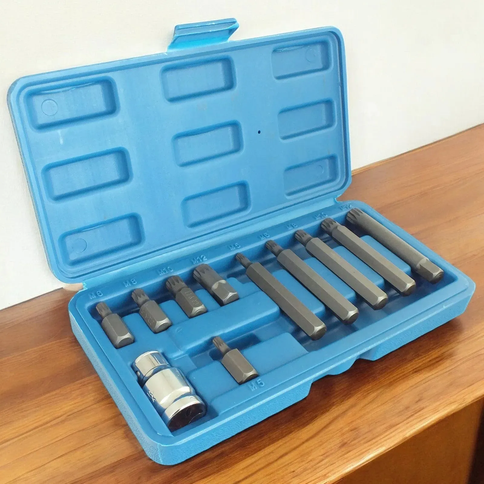11 Piece Spline Hex Bit Socket Set M5 M6 M8 M10 M12 with 1/2" Drive Adaptor and Case