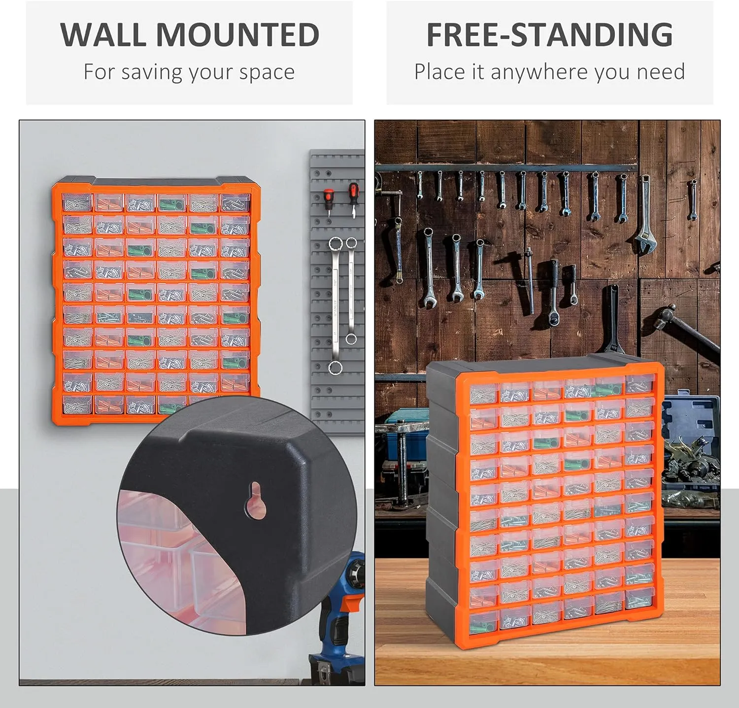 60 Drawer Workshop Tool Storage Bin Chest - Freestanding or Wall Mounted Cabinet