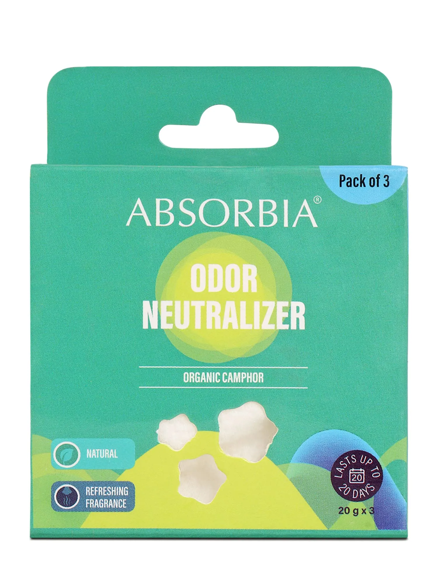 Absorbia Natural Camphor (Kapoor) Unique Diamond shape for Equal Dispersion | 20G X 3 | Small & Compact | Multi purpose uses for Room, Car, bathrooms | 2 in 1 "Natural Air Freshener & Bug repellent"