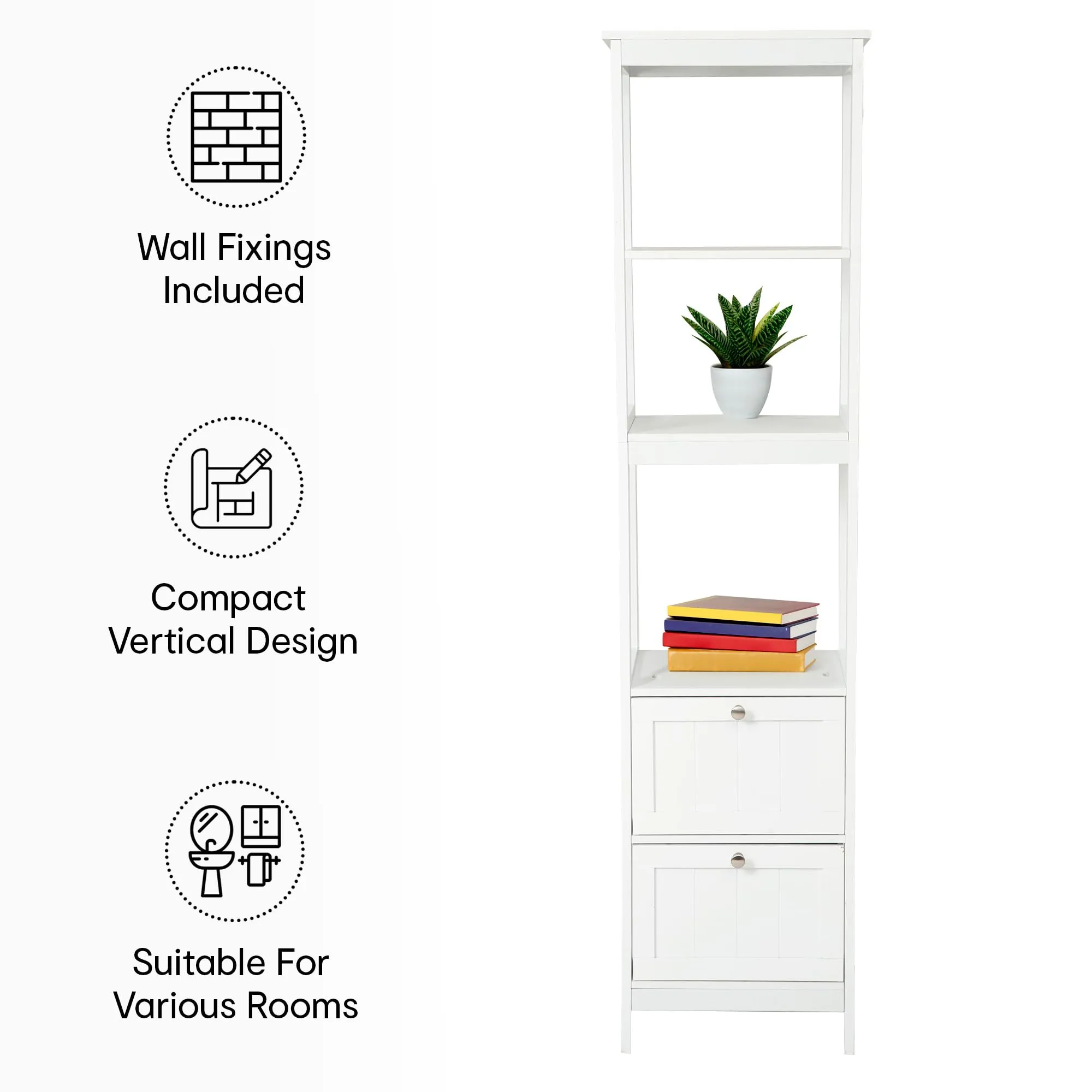 Anko Panelled 5 Tier Shelf | Multi-Drawer Bathroom & livingroom Organizer Rack | MDF Storage Unit with Bedroom Furniture, Office/Home Decoration | 160 x 40 x 30cm | 25 Kg Capacity, White