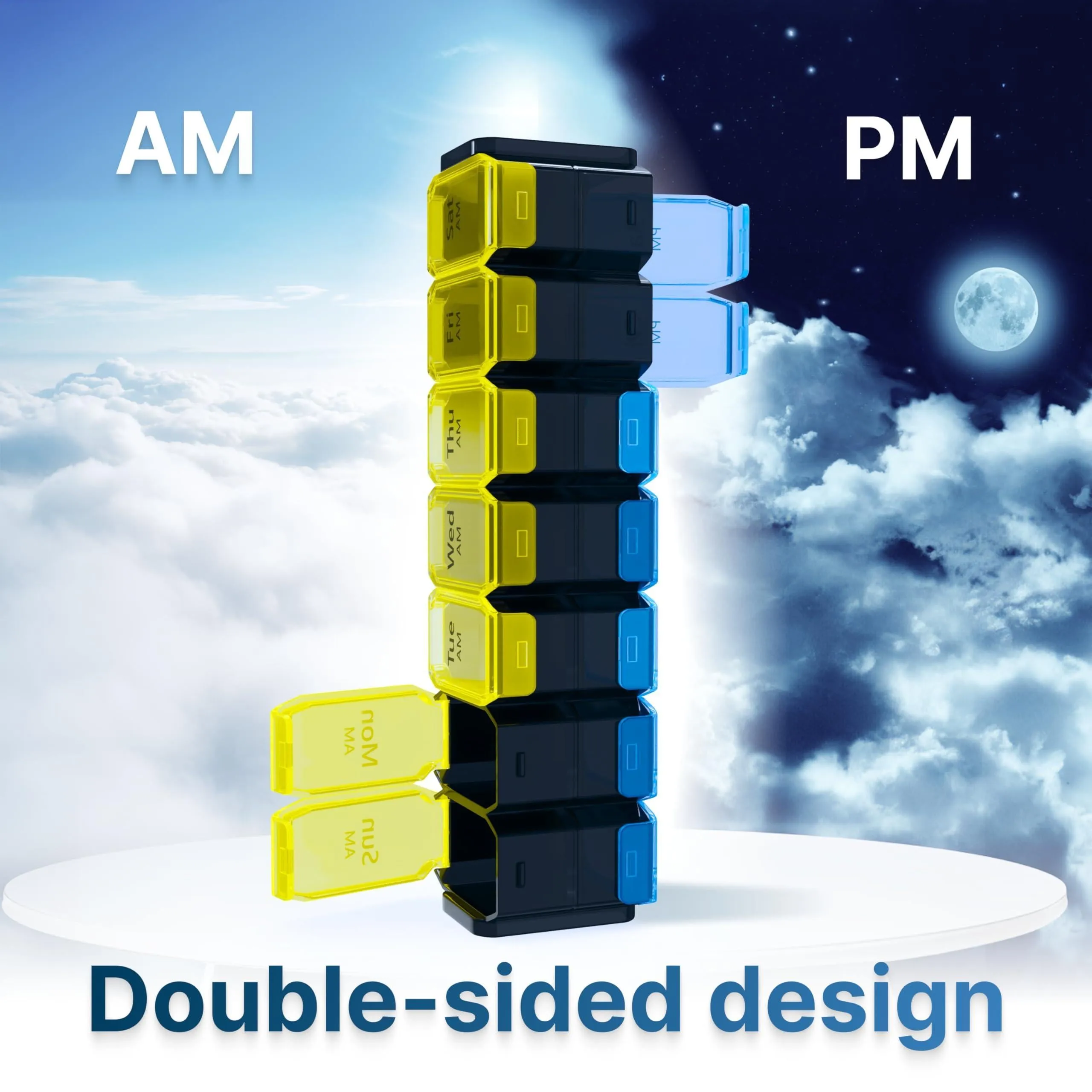 Extra Large Weekly Pill Organizer 2 Times a Day XL Pill Case Am Pm Yellow Blue