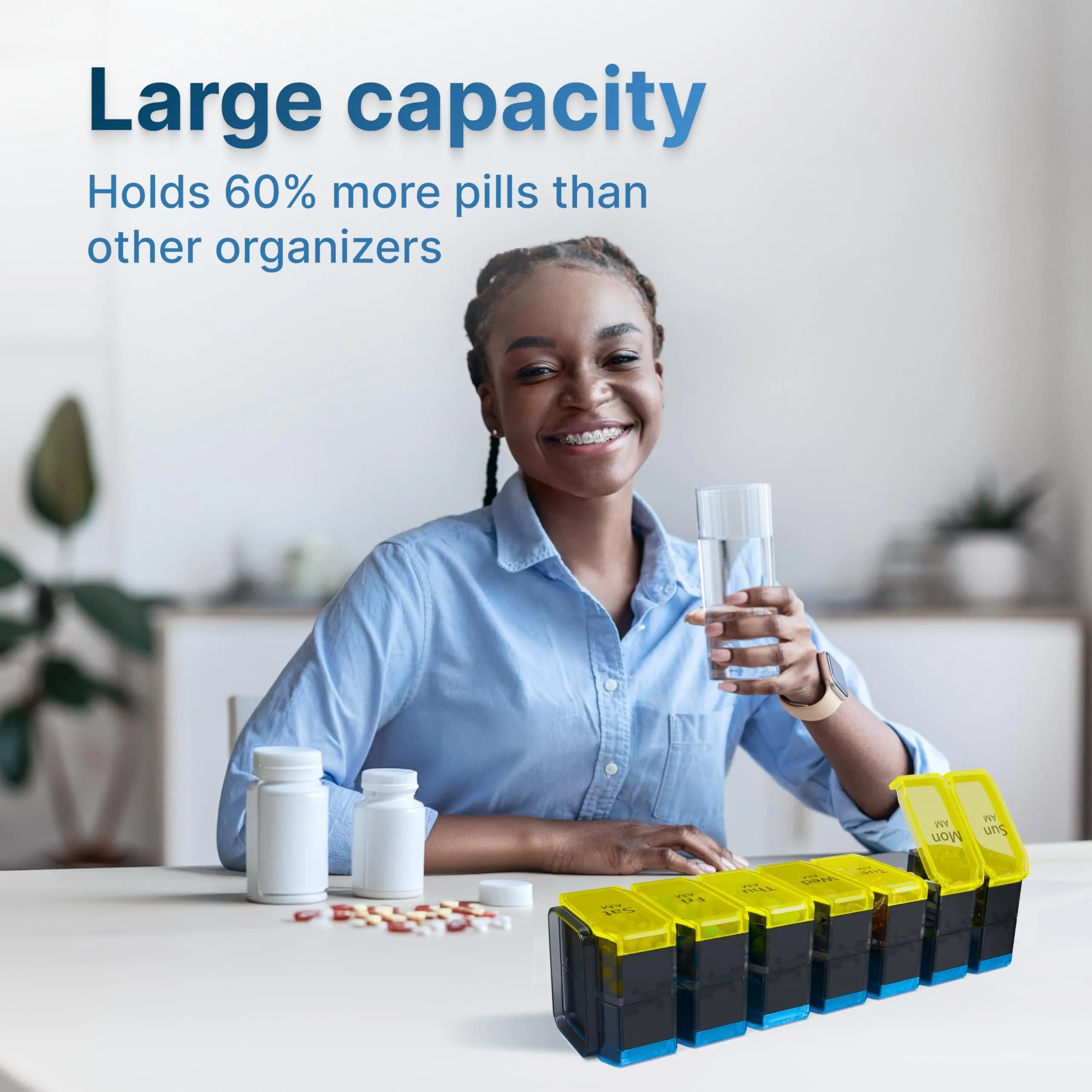 Extra Large Weekly Pill Organizer 2 Times a Day XL Pill Case Am Pm Yellow Blue