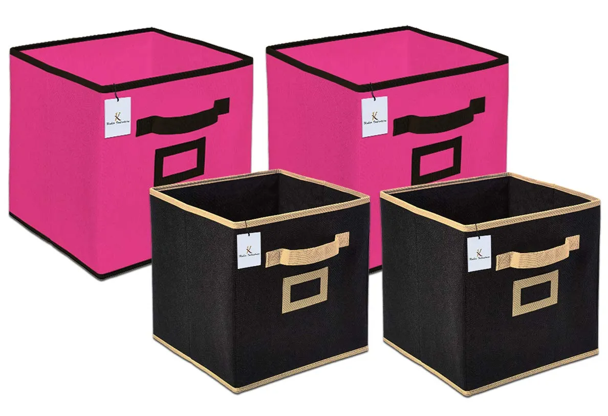 Kuber Industries Non Woven 4 Pieces Small & Large Foldable Storage Organiser Cubes/Boxes (Pink & Black) - CTKTC035348
