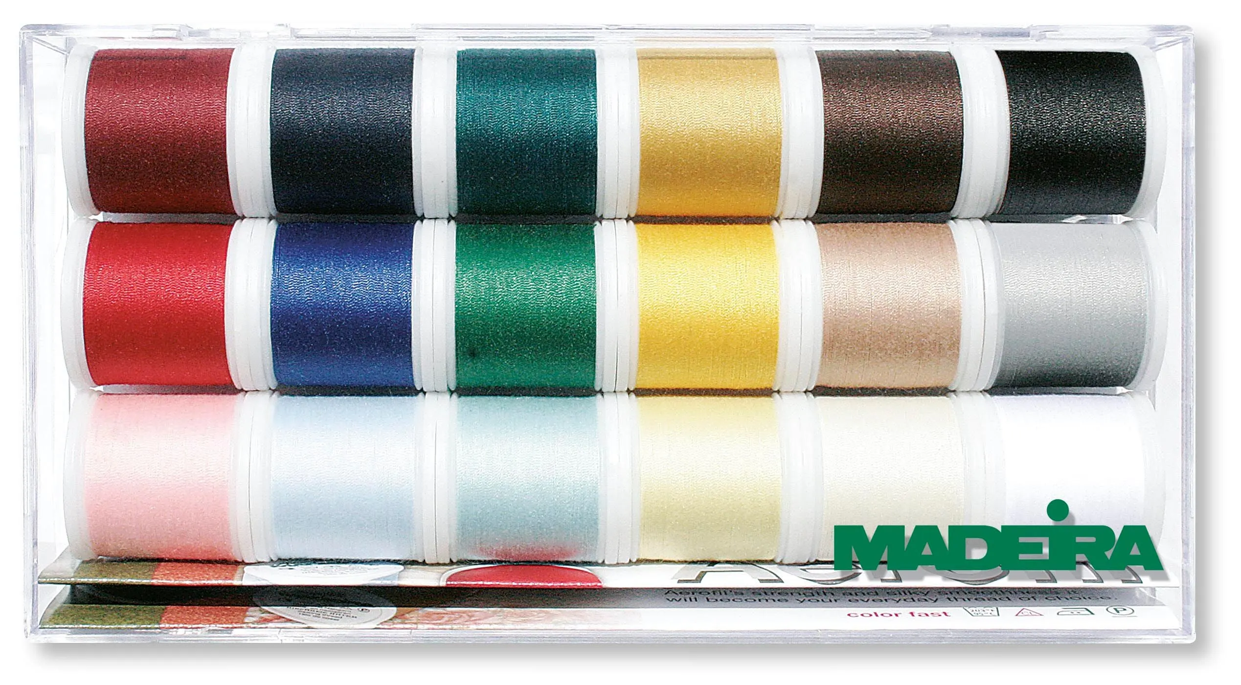 Madeira Aerofil 120 Polyester Sewing/Construction Thread | 18 x 220 Yards | Medium Clear Acrylic Case | Assortment | 8041