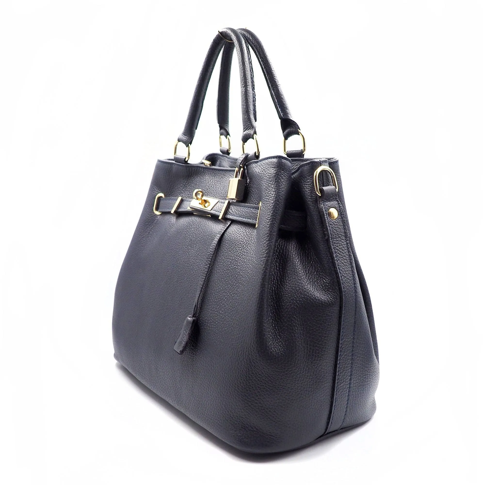 Midnight Navy Leather Handbag Detach Shoulder Strap Padlock Handmade In Italy