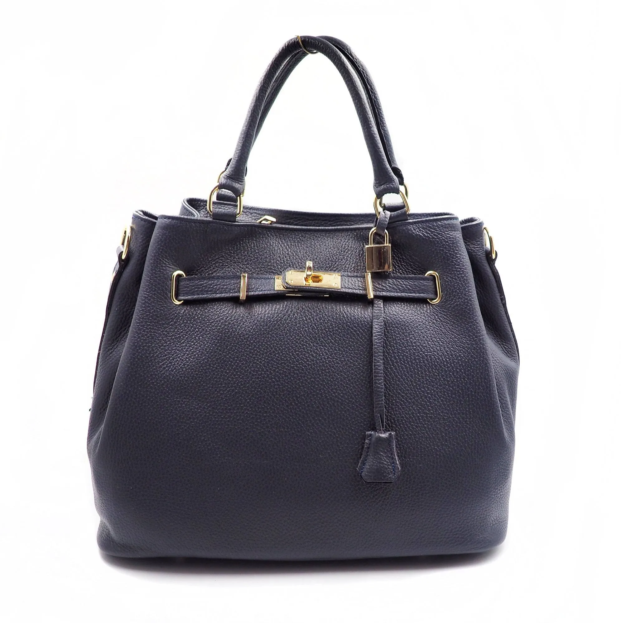 Midnight Navy Leather Handbag Detach Shoulder Strap Padlock Handmade In Italy