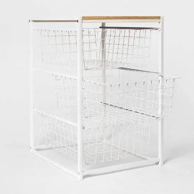 Open Box - 3 Drawer Organizer White Metal with Natural Wood - Brightroom