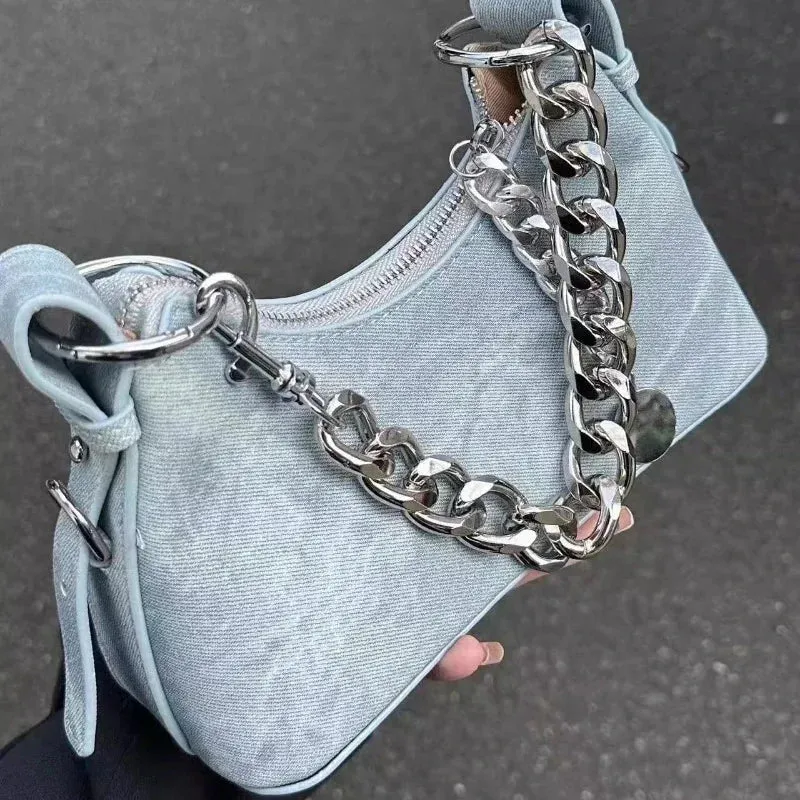 UAKISS  -  2024 Fashion Ins Denim Chain Women's Handbags All Match Sweet Elegant Y2k Shoulder Bag Casual Jeans  Crossbody Bags Office Lady