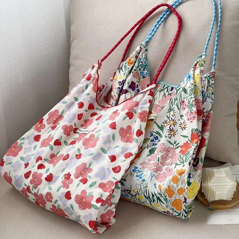 UAKISS  -  2024 Korean Elegant Flower Print Tote Bags Vintage Sweet Y2k Cute Women's Handbags High-capacity Casual Kawaii Shoulder Canvas