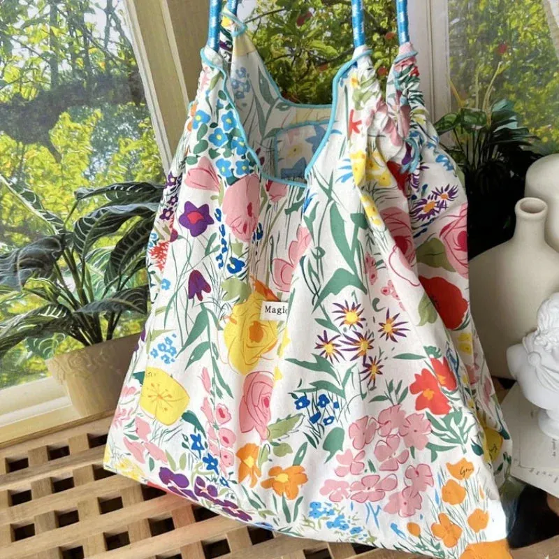 UAKISS  -  2024 Korean Elegant Flower Print Tote Bags Vintage Sweet Y2k Cute Women's Handbags High-capacity Casual Kawaii Shoulder Canvas