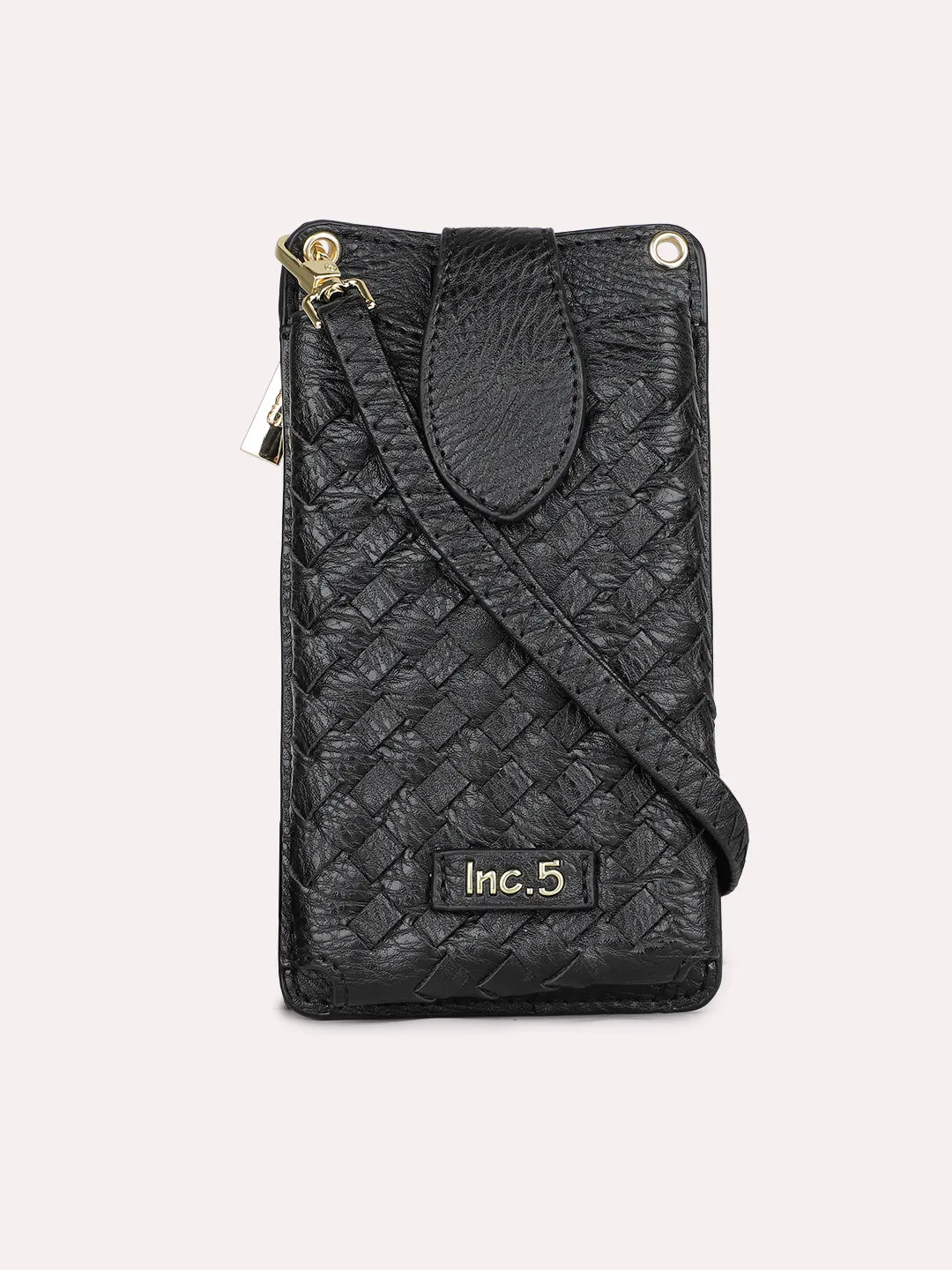 Women Casual Black Textured Sling Bag With Zipper