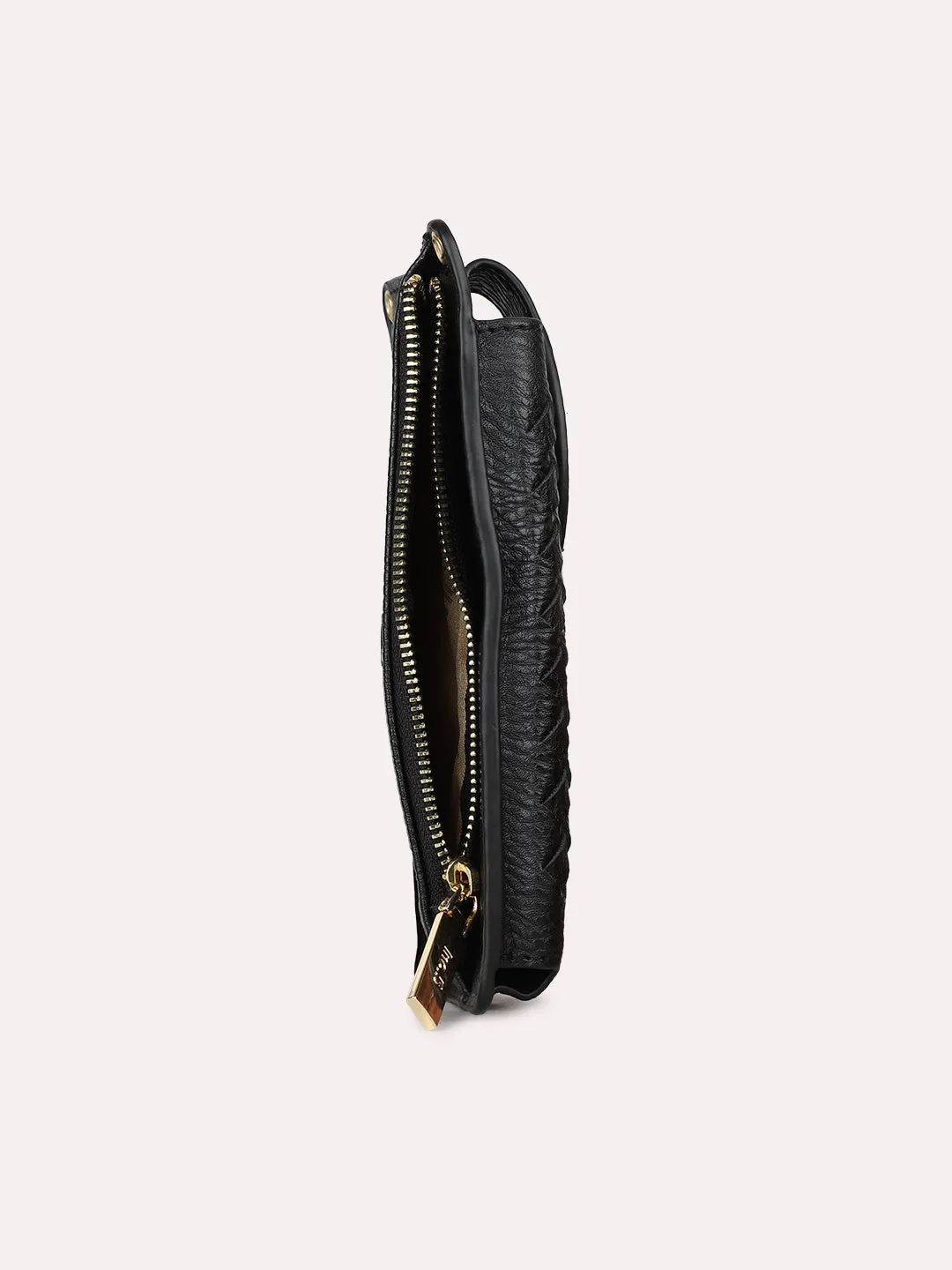 Women Casual Black Textured Sling Bag With Zipper