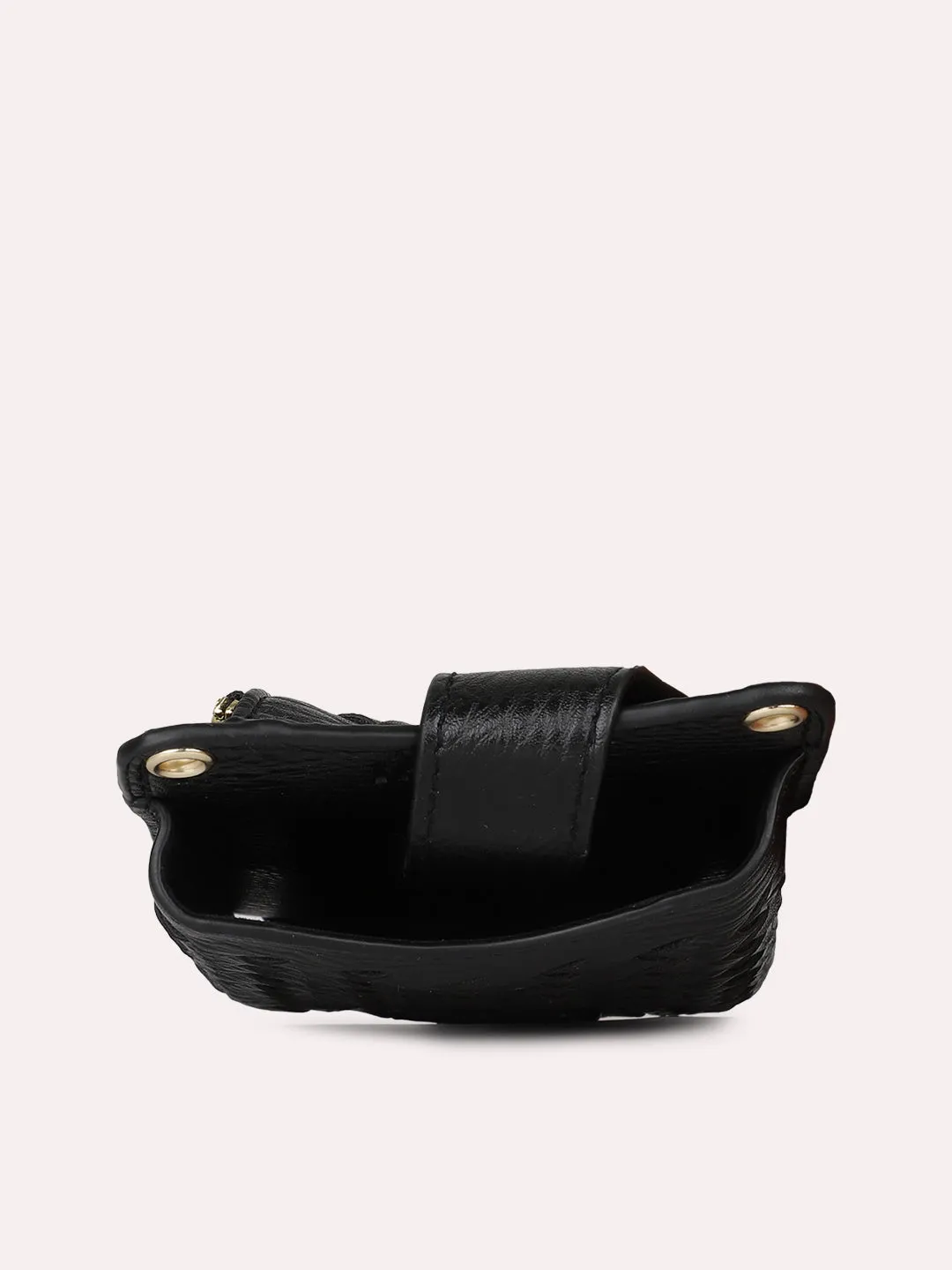 Women Casual Black Textured Sling Bag With Zipper