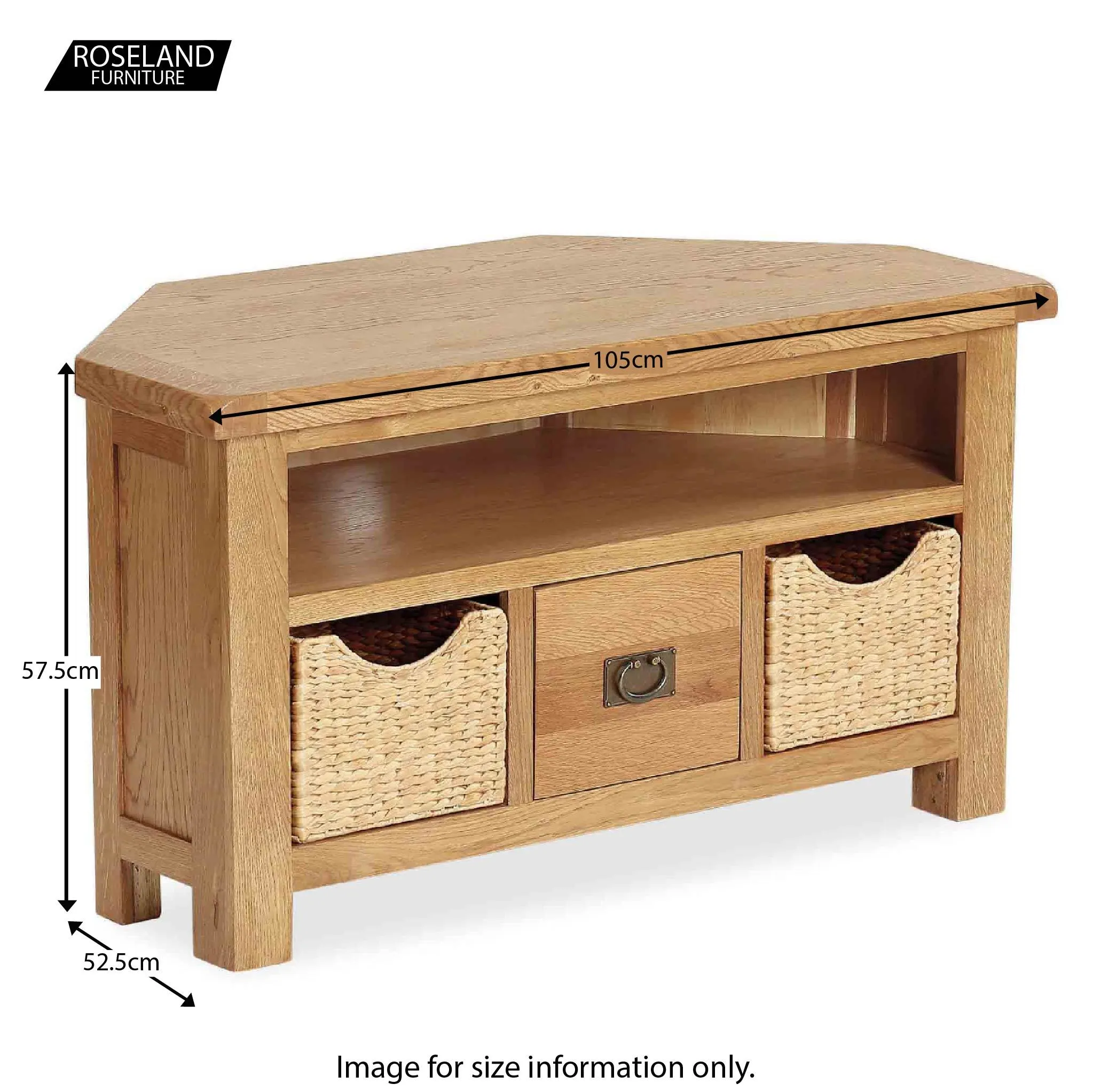 Zelah Oak Corner TV Stand with Baskets