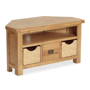 Zelah Oak Corner TV Stand with Baskets