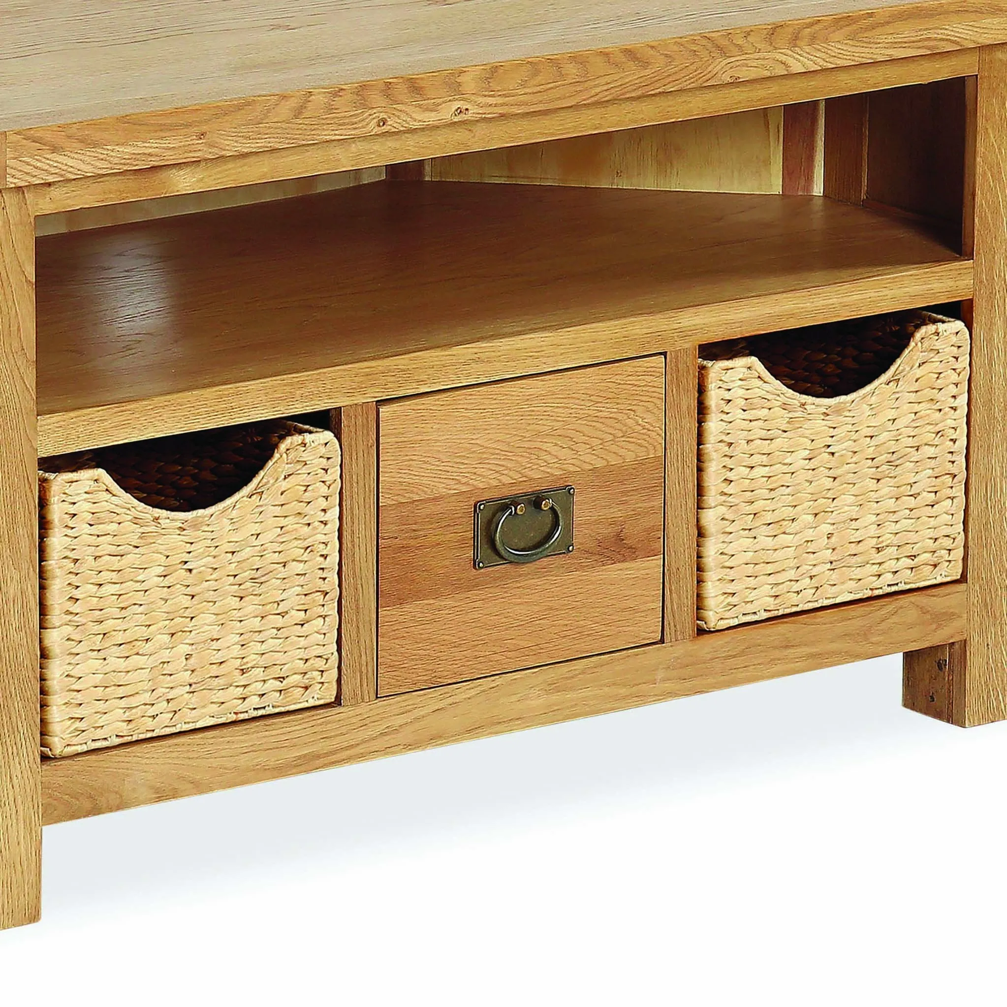 Zelah Oak Corner TV Stand with Baskets