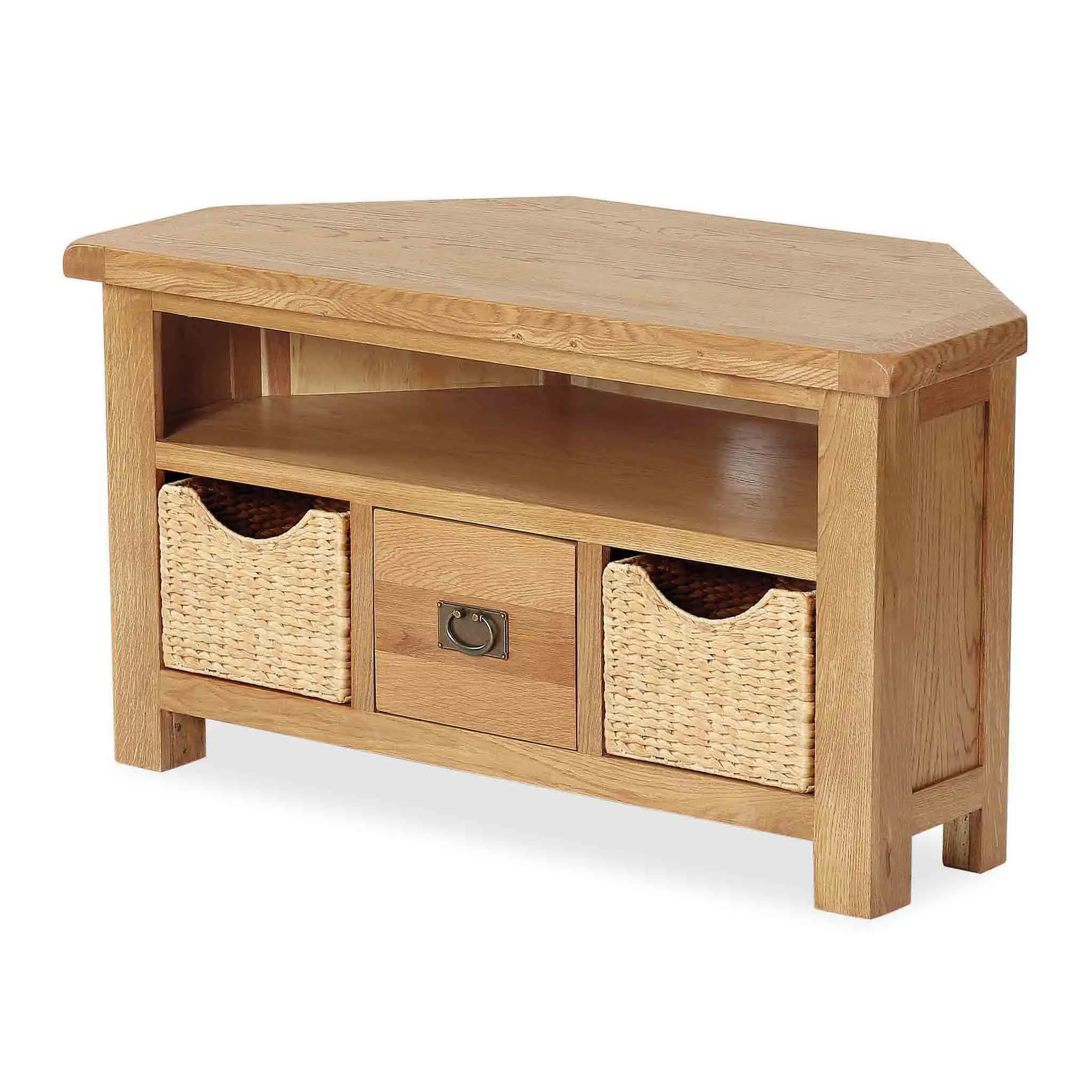 Zelah Oak Corner TV Stand with Baskets