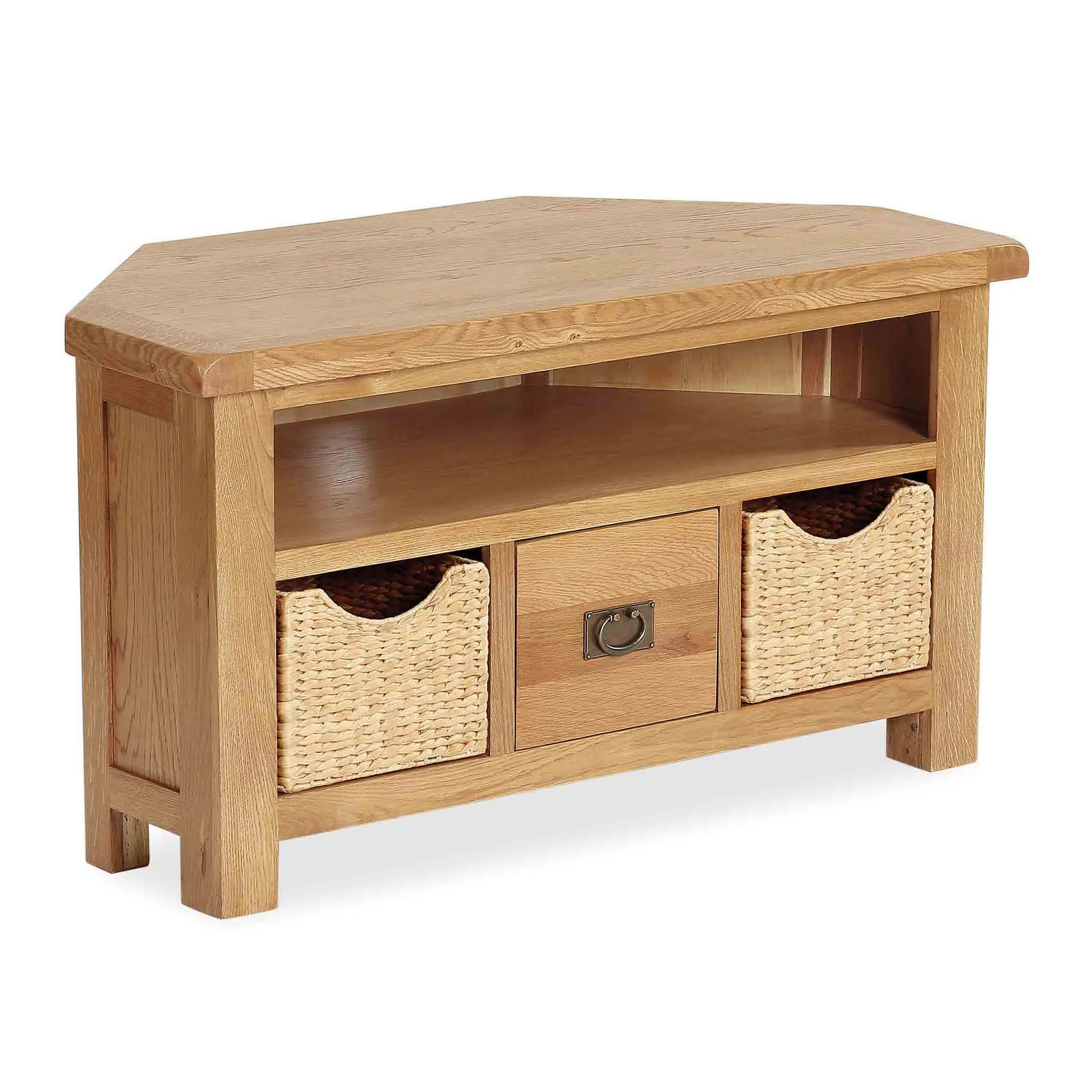Zelah Oak Corner TV Stand with Baskets